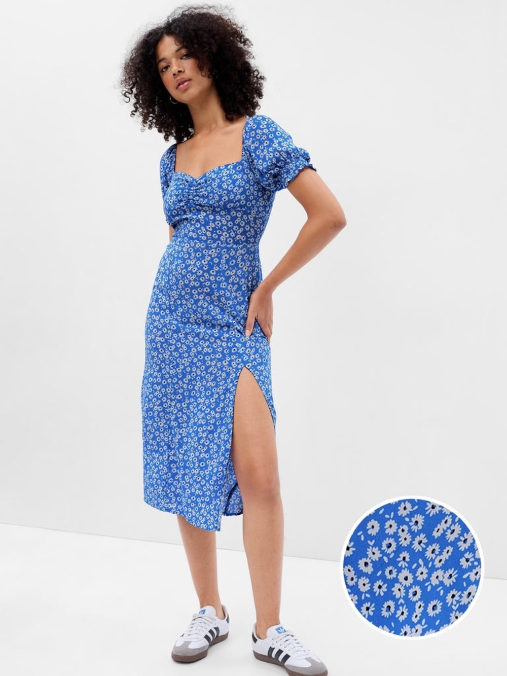 GAP Factory Blue Floral Disty Sweetheart Puff Sleeve Midi Dress Ecovero-Lenzing